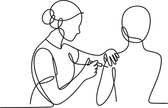 Woman artist drawing abstract figure with needle and thread, creative process, handmade craft, single line art style