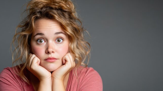 A young woman gazes thoughtfully with a curious expression, resting her chin on her hands, reflecting contemplation and introspection against a muted gray background.