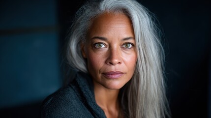 Fototapeta premium A striking portrait of a confident woman with long, flowing gray hair, capturing her natural beauty and wisdom, reflecting a strong sense of individuality and character.