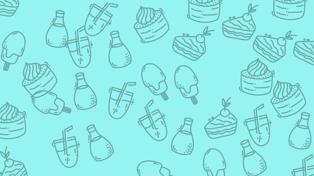Video of continuous looping dessert pattern on turquoise background.