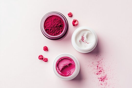 Cosmetic cream jars with berry ingredients on pink background