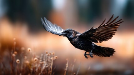 Fototapeta premium A raven soars through the sky, its wings outstretched, embodying the spirit of freedom and mystery against a beautifully blurred natural backdrop.