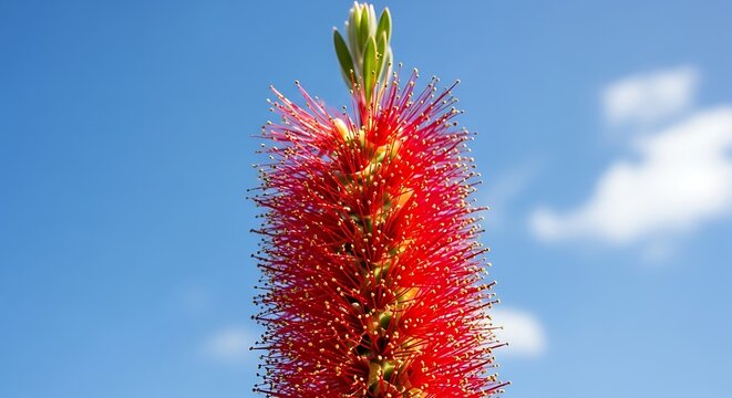 Crimson Bottlebrush Bloom Against Azure Sky - A Vibrant Floral Portrait.