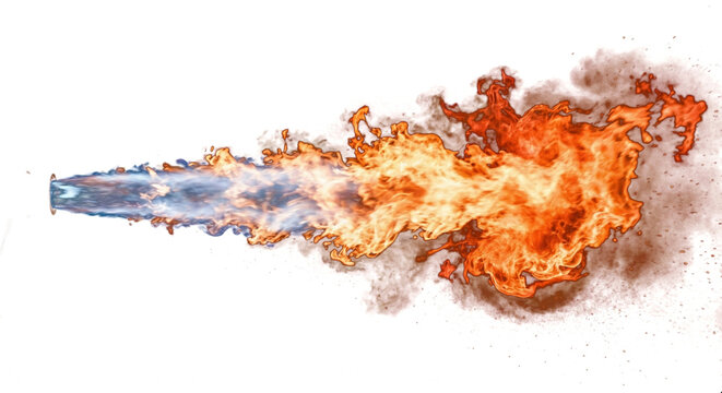 A stream of fire shoots out transparently intense flames on a plain background