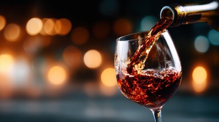 A close-up of red wine being poured into a glass showcases the richness of color and elegance, inviting a moment of indulgence and celebration.