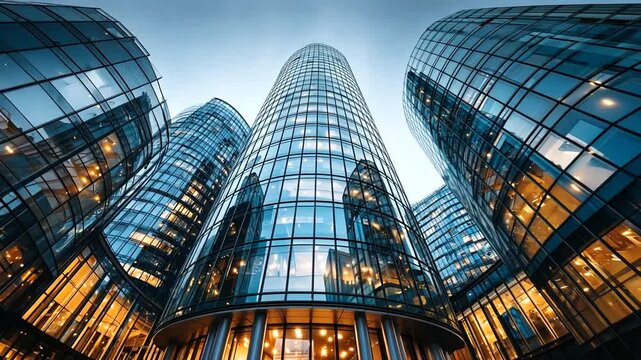 A cluster of modern glass skyscrapers, their facades reflecting the evening sky and interior lights