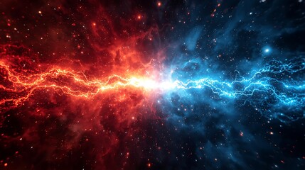 Obraz premium A vibrant cosmic explosion with red and blue energy swirling around a bright central light in a starry space background