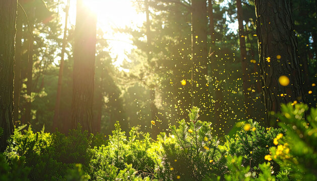 木漏れ日が差し込む幻想的な森の風景 金色の光が舞うマジカルな自然背景、スギ花粉、花粉症