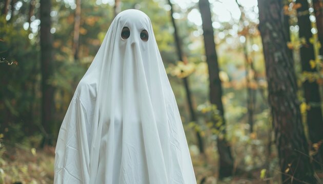 Ghostly Figure in Forest - A Spooky Encounter in the Woods.