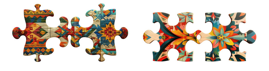 Obraz premium Colorful Woven Puzzle Pieces Connecting, Abstract Tribal Pattern Design isolated on transparent background