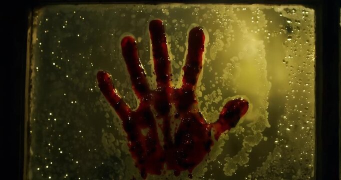 Bloody handprint on foggy windowpane at night