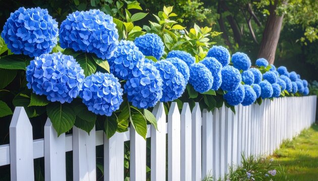 Vibrant Blue Hydrangeas Blooming Over a White Picket Fence.