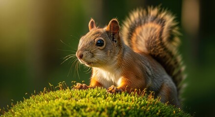 Fototapeta premium Alert squirrel perched on mossy knoll in golden sunlight wildlife portrait