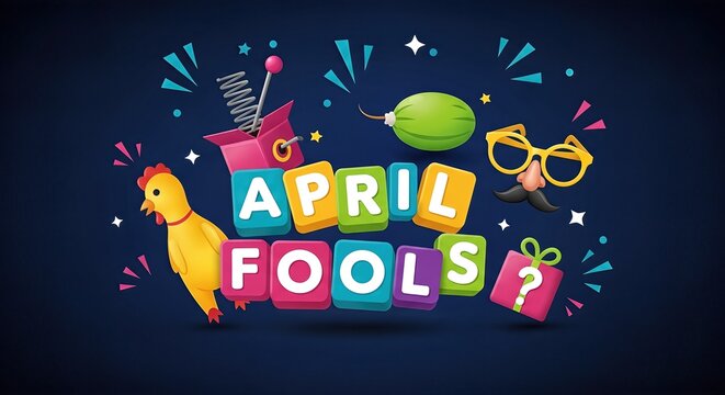 Colorful April Fools' Day graphic featuring playful elements like a chicken, spring-loaded toy, and oversized glasses, celebrating the spirit of jokes and pranks on April 1st