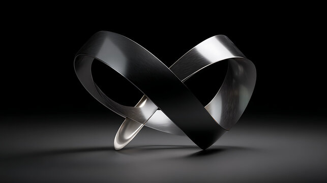 Abstract 3D silver metal infinity loop on dark background featuring a twisted steel ribbon concept for modern business design illustrating endless continuity and flow