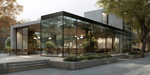 Obraz premium Students sit near glass wall of a rooftop coffeeshop and look down at garden below while enjoying their drinks and conversation