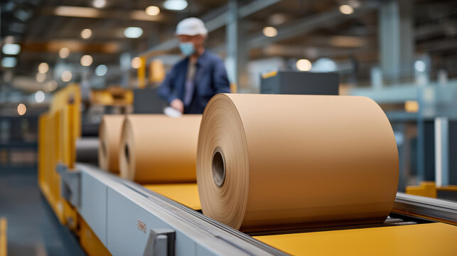 A factory assembly line showcases workers efficiently handling paperboard rolls, emphasizing productivity and the importance of manufacturing in supply chains. cinematic color correction, natural