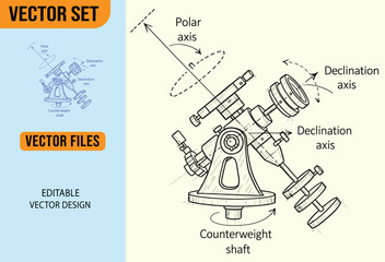Naklejka premium Astronomy Telescope Mount Technical Sketch Illustration