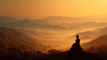 Silhouette of Buddha statue meditating on a mountain peak at golden sunrise. Serene landscape with misty hills and warm light, symbol of peace, mindfulness and spiritual harmony.