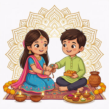 Cute brother and sister celebrating Raksha Bandhan festival, sister tying rakhi on brother's wrist with mandala background.