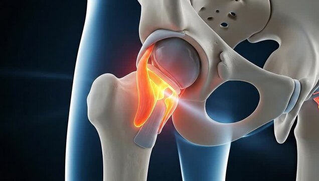 Detailed Medical Illustration of Hip Joint Anatomy with Pain Indication.