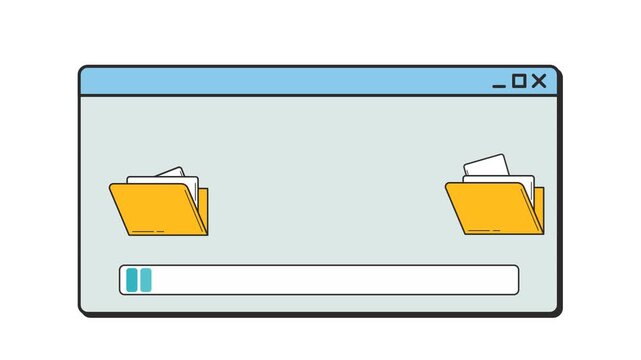 Retro computer interface animation of transferring files. Moving documents from folder to folder. Vintage Windows 90s operating system style progress bar with flying papers. 4K transparent background.