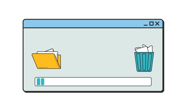 Old windows interface animation of deleting files. Moving computer documents from folder to recycle bin. Vintage 90s operating system style progress bar with flying papers. 4K transparent background.