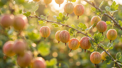 Gros plan de groseilles &agrave; maquereau m&ucirc;res sur une branche ensoleill&eacute;e dans un verger