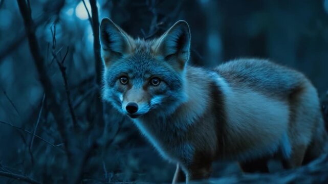  Captivating portrait of a fox emerging from the shadows of a twilight forest, its eyes reflecting a hint of curiosity and alertness.