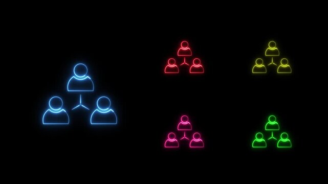 Collection of glowing neon network person icons in different colors on a black background. Social networking. Teamwork. Business organization. Connection. Human resources