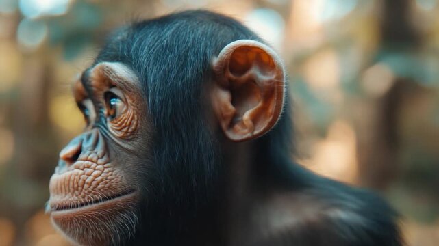 Captivating close-up portrait of a young chimpanzee gazing thoughtfully, the sunlight delicately illuminating its expressive features and intelligent eyes. 