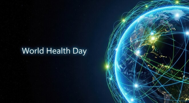 World health day concept with digital planet earth and glowing global network connection lines on dark background.