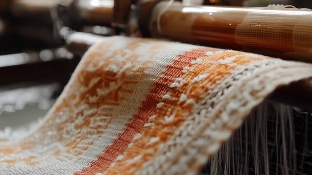  A close-up view of an antique weaving loom in action, meticulously crafting a unique textile with intricate patterns and vibrant hues.