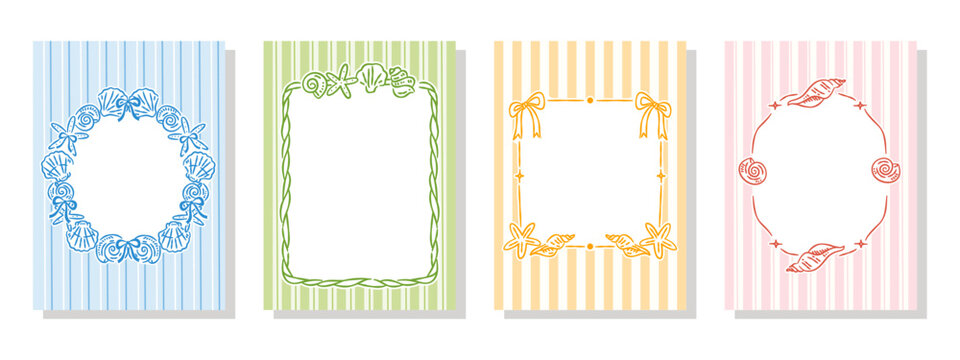Hand-drawn summer seashell frames set with coastal ocean elements and striped backgrounds in pastel colors.