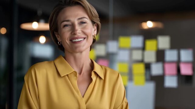 A confident businesswoman presenting a bold strategy on a glass wall of colorful sticky notes, natural light highlighting her focus as the team listens &mdash; leadership, innovation, and modern