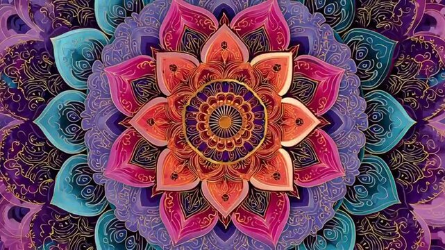 Vibrant mandala design with intricate patterns and gold accents