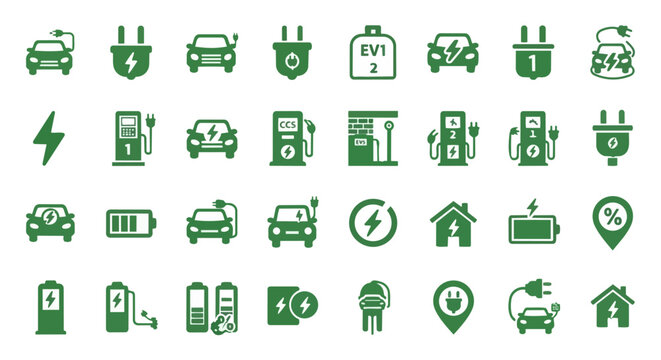 Electric vehicle charging and battery icon set &ndash; EV station, plug, car energy vector icons