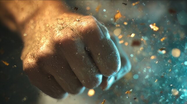 Powerful fist impact breaking through a surface surrounded by glittering particles