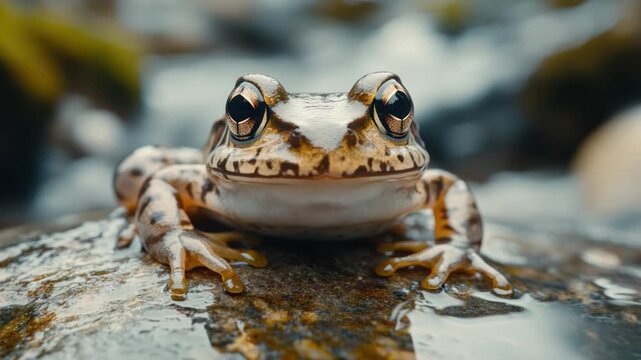  A close-up of a frog sitting peacefully on a wet rock, gazing towards the viewer, with natural aquatic environment. 