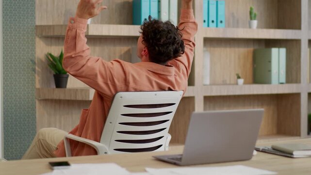 Winner champion business man Caucasian businessman winning laptop win computer in office rejoicing raising arms happy guy male employer victory internet achievement celebrate opportunity in office