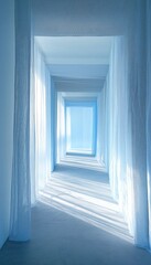 Obraz premium Ethereal Blue Hallway with Sheer Fabrics and Natural Light Effects