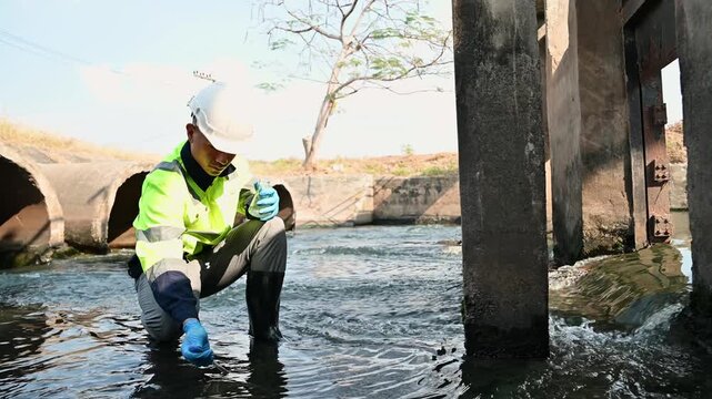 A water resources officer is collecting water samples near a sluice gate for quality testing