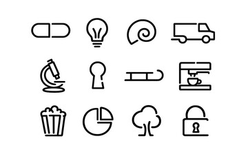 Minimalist black line icon set featuring pill lightbulb snail truck microscope keyhole sled coffee maker popcorn pie chart tree and padlock © PAPA STOCK