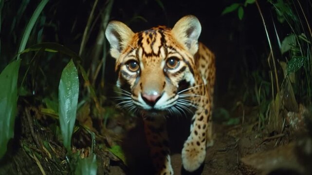  An ocelot with stunning spotted fur and piercing eyes emerges from the twilight depths of the jungle, its gaze intense. 