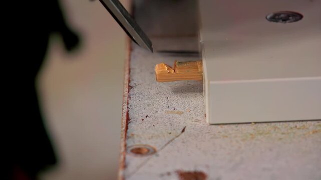 Close up of a wood chisel trimming a wooden dowel flush with the surface in slow motion. Manual woodworking detail with wood shavings in a workshop setting.