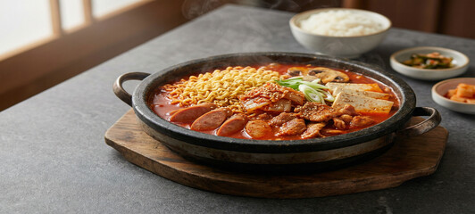 A steaming hot pot filled with noodles, meats, and vegetables, served on a rustic wooden board.