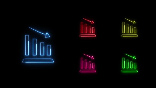 Collection of glowing neon bar chart animations with a downward arrow in different colors on a black background. Financial decline. Economic loss. Market crash. Business failure