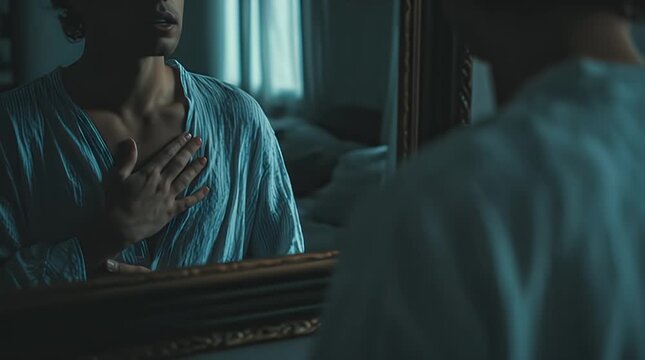 Man Looking at Reflection in Mirror.