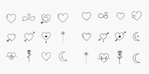 Set of hand-drawn doodle heart, moon, and magic wand icons, perfect for Valentine's Day and love-themed designs. © Adji