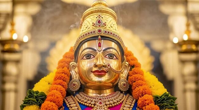 Golden Hindu Goddess Statue Adorned with Marigold Garlands and Incense Smoke